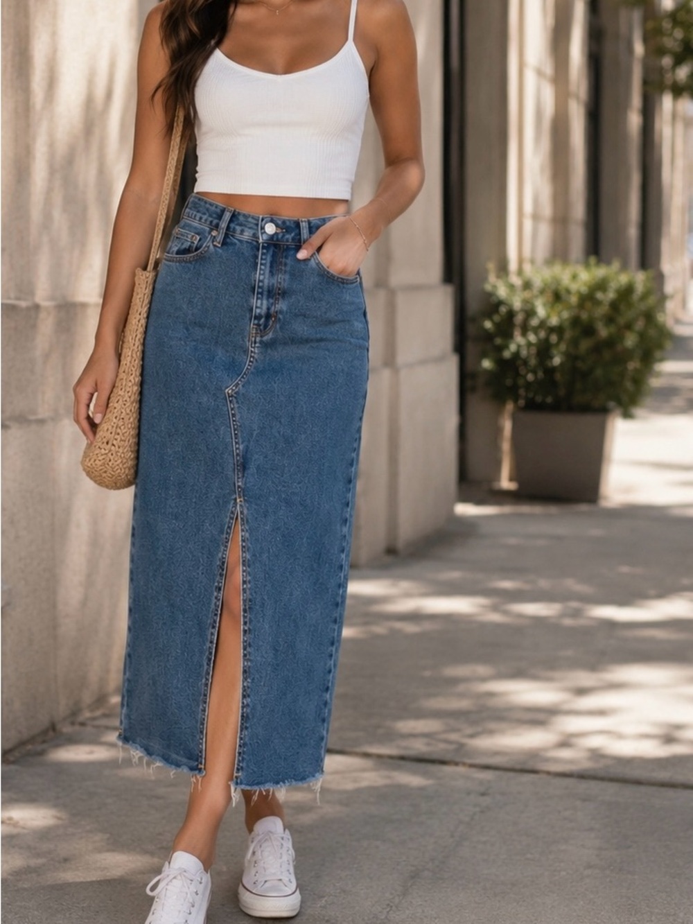 Rue21 Blue Denim Midi Skirt with Front Slit